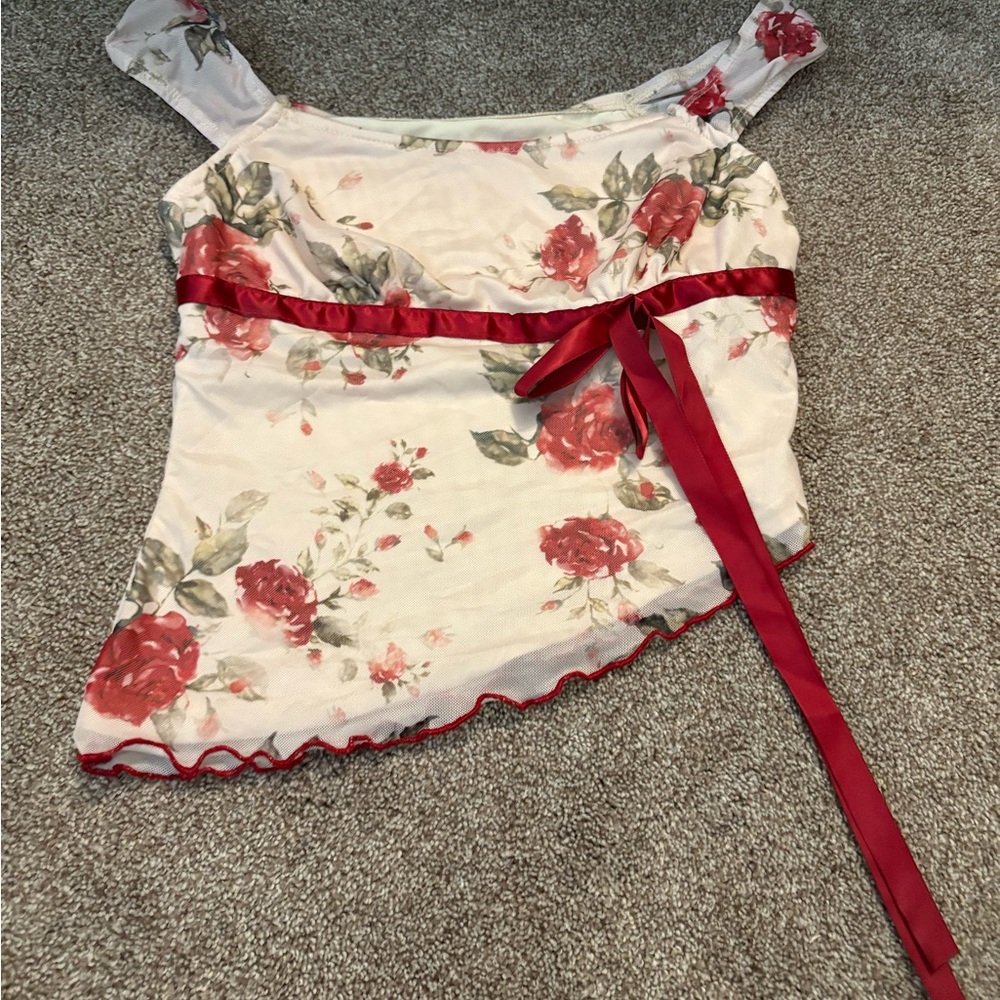 SHEIN Cream and Red Asymmetrical Tie Front Blouse